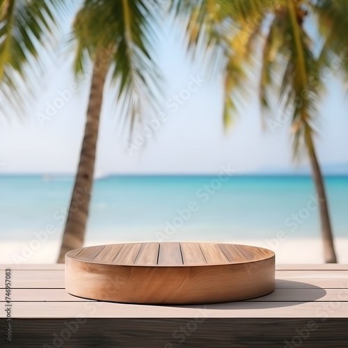 Wooden podium mockup for summer product display at sea on beach background 3d render