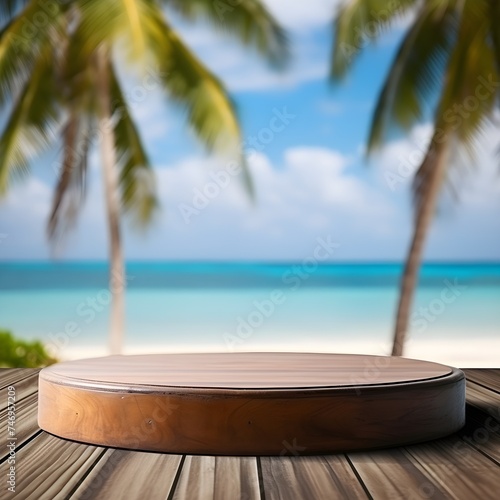 Wooden podium mockup for summer product display at sea on beach background 3d render © AmirsCraft