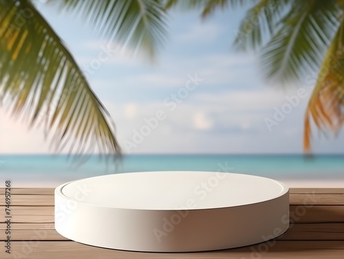 White podium mockup for summer product display at sea on beach background 3d render