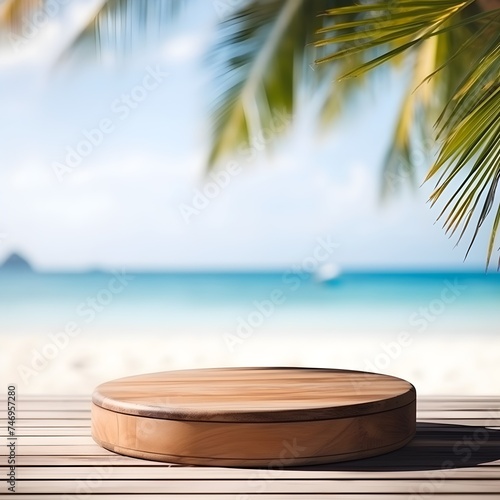 Wooden podium mockup for summer product display at sea on beach background 3d render