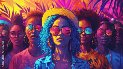 A group of women wearing sunglasses are posing in front of a colorful background