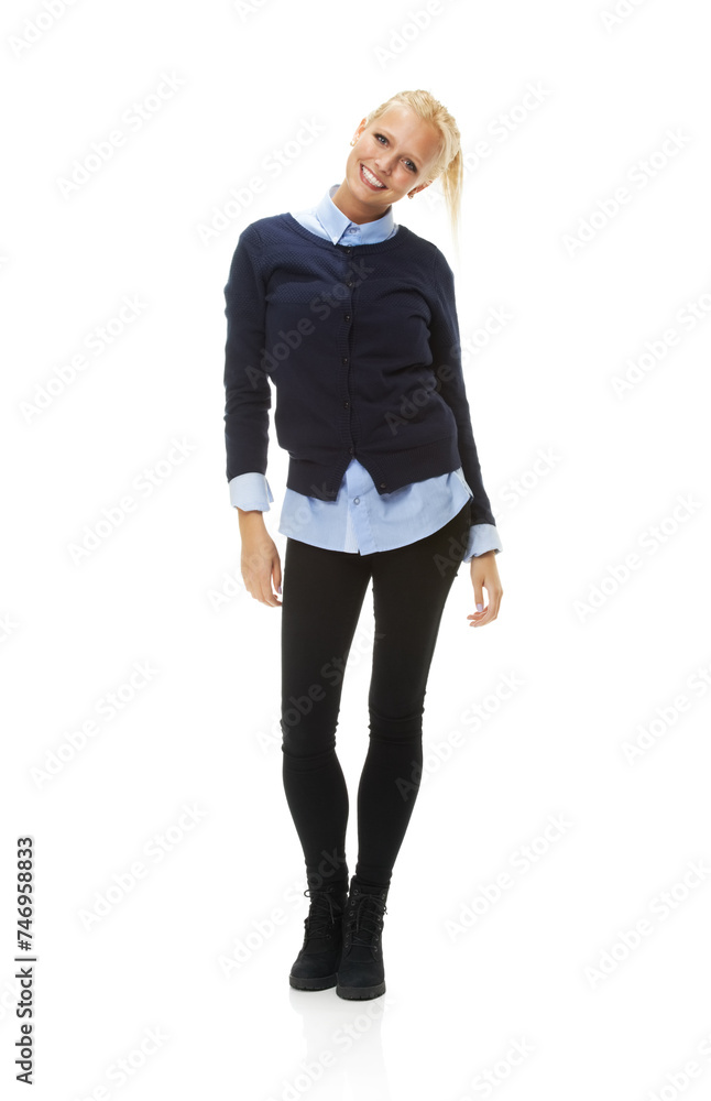 Fototapeta premium Fashion, portrait and smile of woman in studio isolated on a white background mockup space. Model, blonde student and happy person in casual clothes, trendy or stylish outfit in Sweden on a backdrop