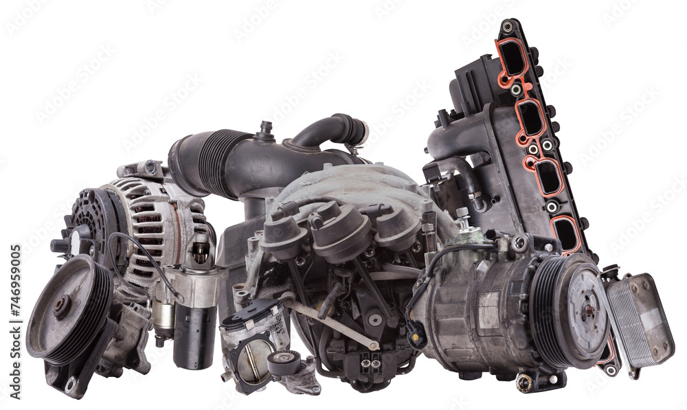 spare parts for car engine on white isolated background spare parts for car engine on white isolated background