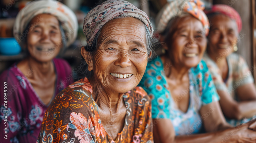 Group of Thai villager women, happy and smiling. Wearing tradition attire. - obrazy, fototapety, plakaty 