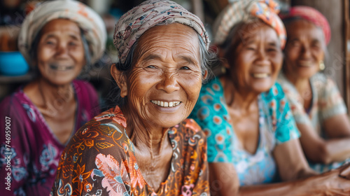 Group of Thai villager women, happy and smiling. Wearing tradition attire. photo