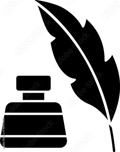 Ink bottle with feather pen glyph icon.