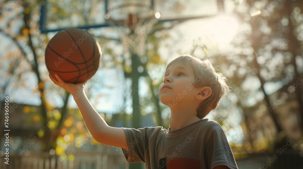 a boy of five years old playing basketball outdoors on summer season. a boy of five years old playing basketball outdoors on summer season.