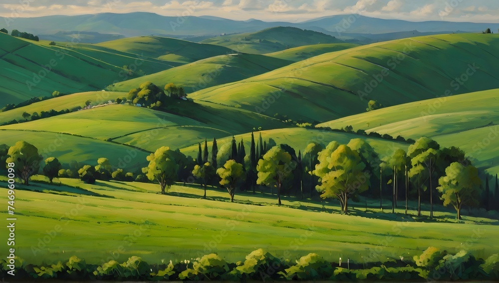 A vibrant, diverse landscape painted in shades of green, with a few solitary trees standing tall against the rolling hills and valleys.