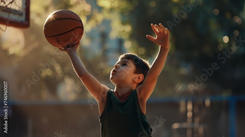 a boy of five years old playing basketball outdoors on summer season.