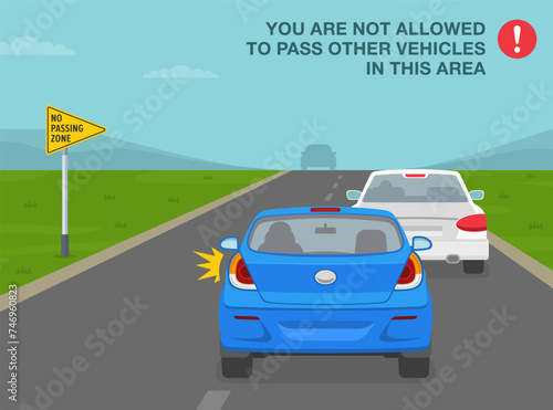 Safe driving tips and traffic regulation rules. Back view of a blue sedan car overtaking on "No passing zone" sign area. Flat vector illustration template.
