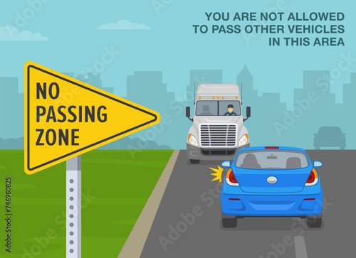 Safe driving tips and traffic regulation rules. Close-up of a "No passing zone" sign. Car is about to hit the truck while overtaking on road. Flat vector illustration template.