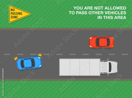 Safe driving tips and traffic regulation rules. Top view of a blue sedan car overtaking truck on a "No passing zone" sign area. Flat vector illustration template.