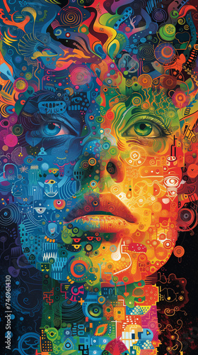 Diversity celebration poster with a woman's face made of colorful abstract shapes and patterns
