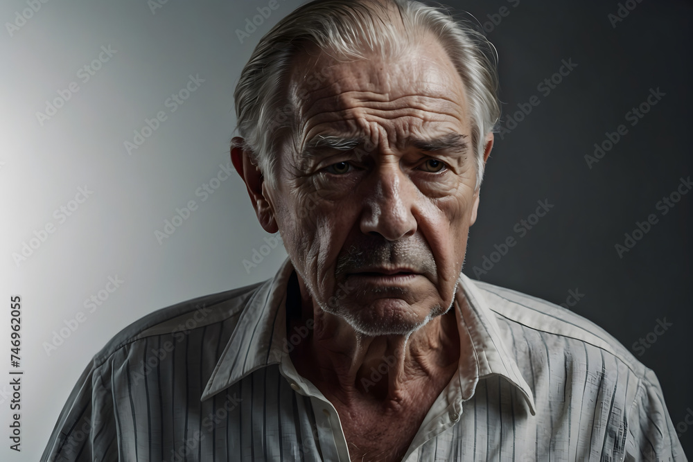 A close up portrait of an unhappy old man