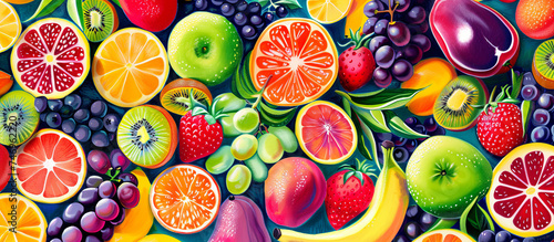 Fresh fruits background. Top view. Summer illustratiion. Banner