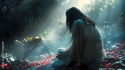 A dramatic portrayal of Jesus praying in the Garden of Gethsemane, bathed in moonlight. photo