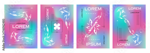 Poster template in y2k style with abstract neo tribal geometric shapes wit sharp spiky edges on gradient fluid colors background. Vector banner design layout set with succubus decoration elements.