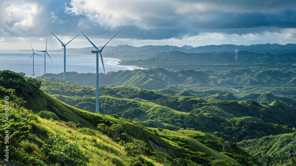 Wind turbines stand atop lush green hills with a panoramic view of the coast and sea, symbolizing sustainable energy generation. Wind turbines stand atop lush green hills with a panoramic view of the coast and sea, symbolizing sustainable energy generation.