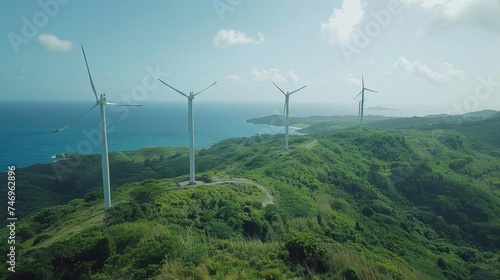 Wind turbines stand atop lush green hills with a panoramic view of the coast and sea, symbolizing sustainable energy generation. 