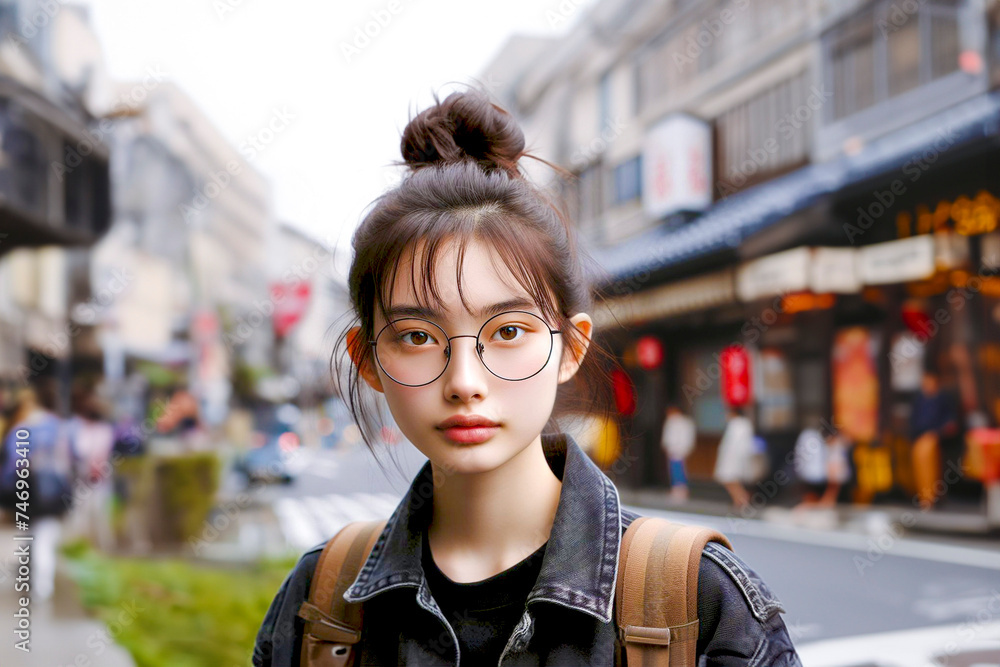 street snapshot image of beautiful young Asian woman with round glasses, natural messy bun street snapshot image of beautiful young Asian woman with round glasses, natural messy bun