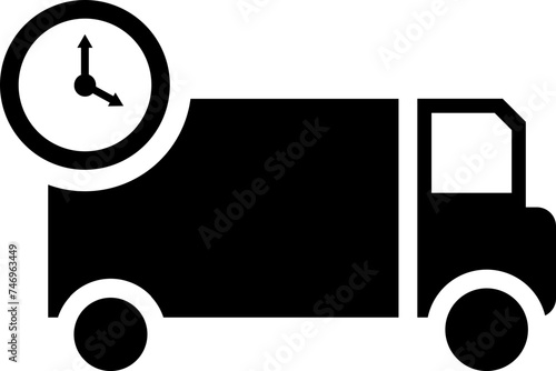 B&W illustration of delivery truck with timer icon.