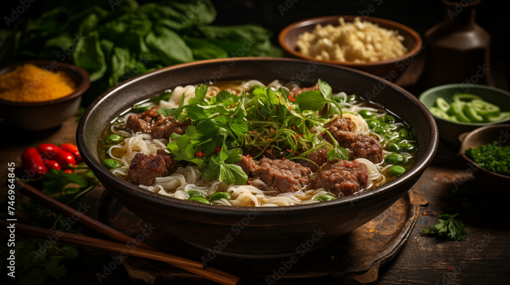 Culinary journey: Mouthwatering pho dish showcasing rich broth, succulent meat, and aromatic herbs