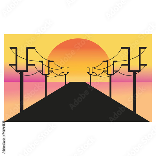 sunset illustration, landscape design, road, electricity pole, nature, vector coloring