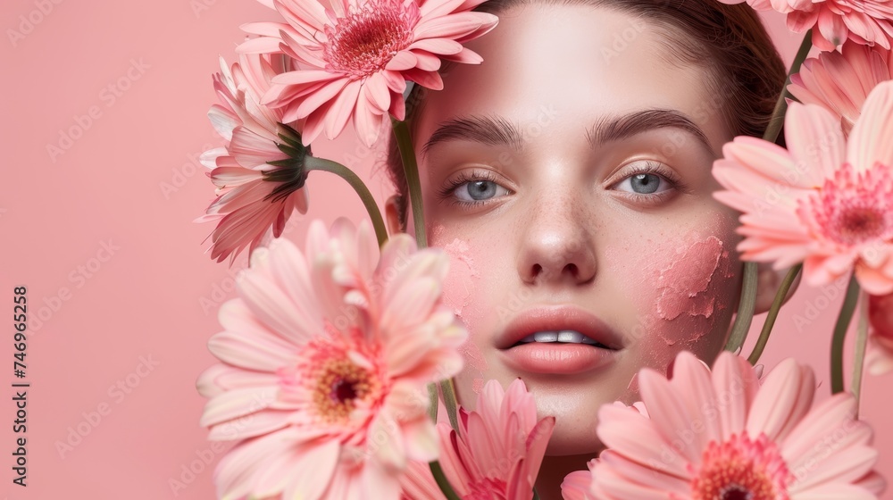 Beautiful young woman's face decorated with pink flowers,Pantone color