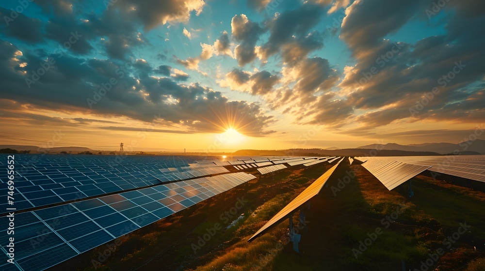 renewable energy with a solar farm ,sunset