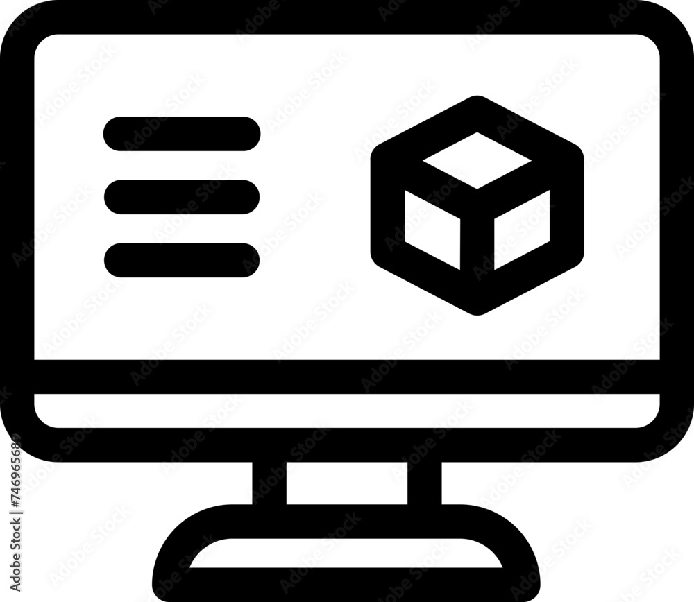 Cube or block on desktop screen icon in line art. Cube or block on desktop screen icon in line art.