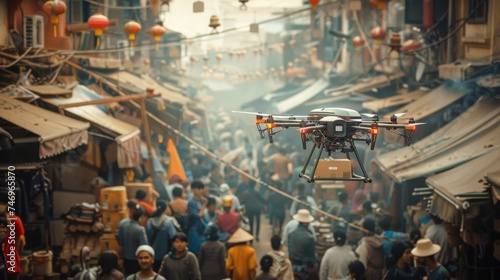 Delivering goods to vendors with precision and speed, a drone zips through a crowded marketplace