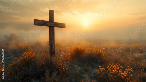A simple wooden cross standing against a backdrop of rolling hills, bathed in soft light.