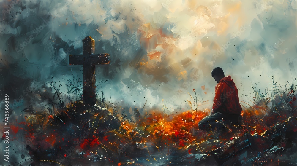 A solitary figure kneeling in prayer beside a rugged cross, deep in contemplation. - obrazy, fototapety, plakaty 