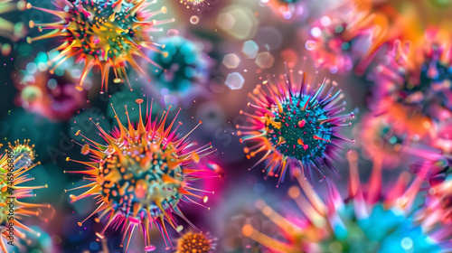 Artistic stock photo of vibrant virus war particles under a micr