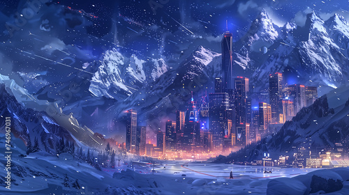 A snow-covered metro city surrounded by mountains under a starry