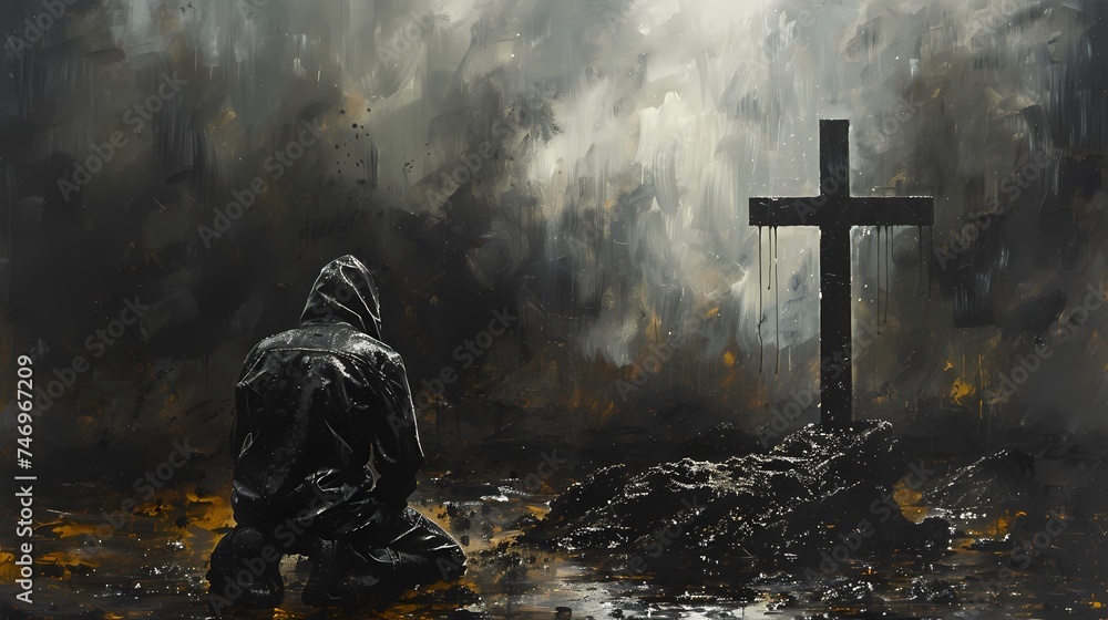 A solitary figure kneeling in prayer beside a rugged cross, deep in contemplation. - obrazy, fototapety, plakaty 