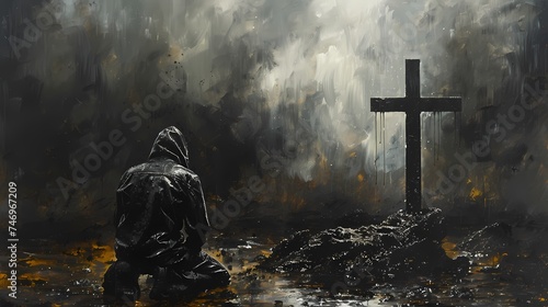 A solitary figure kneeling in prayer beside a rugged cross, deep in contemplation.