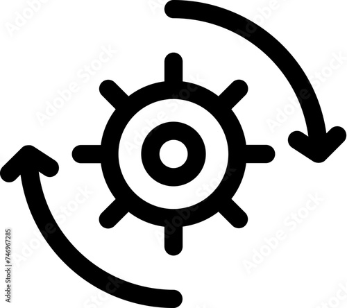 Black line art illustration of rotate cogwheel or setting icon.