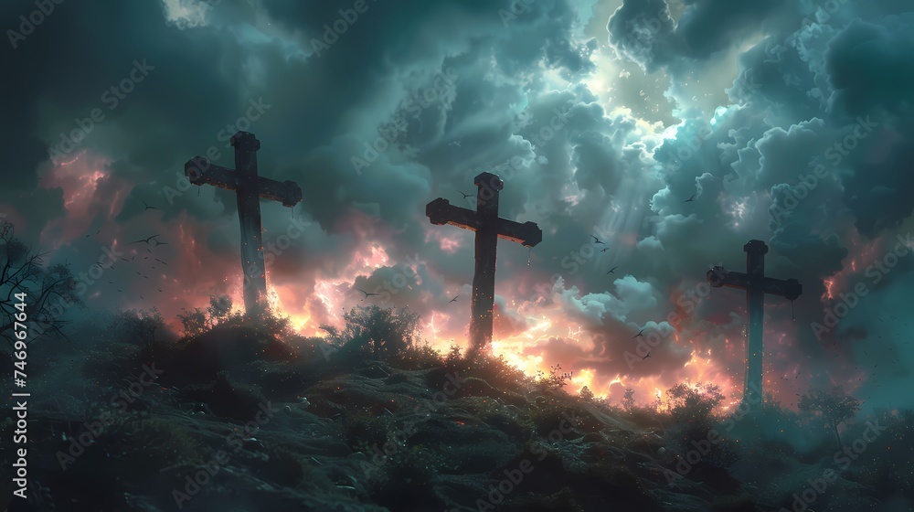Shadows cast by three crosses on a hill, against a dramatic sky filled with storm clouds. - obrazy, fototapety, plakaty 
