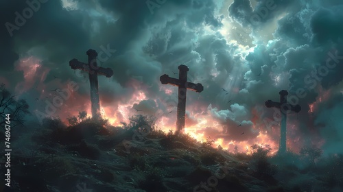Shadows cast by three crosses on a hill, against a dramatic sky filled with storm clouds.
