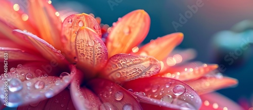 A close-up shot of a vibrant red flower with water drops on its petals, showcasing the beauty of a flowering plant in its natural habitat with moisture glistening under the sunlight.