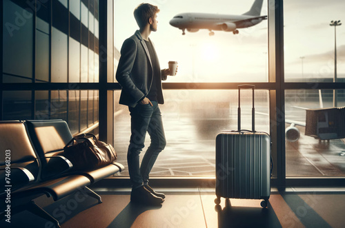 Traveler with Coffee by Airport Window, Suitcase Nearby