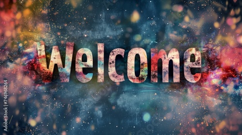 Cosmos Welcome concept creative horizontal art poster. Photorealistic textured word Welcome on artistic background. Ai Generated Hospitality and Greetings Horizontal Illustration. photo