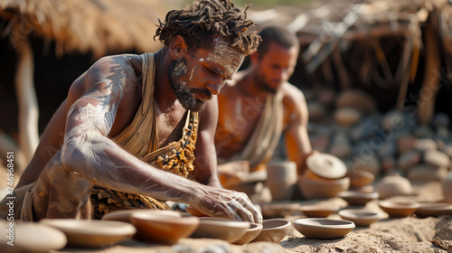 Early humans shaping the first pottery, amidst the dawn of agriculture revolution, signaling new settlements photo