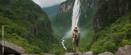 An adventurous woman with backpacks standing on the edge of a cliff and looking at a mesmerizingly beautiful landscape