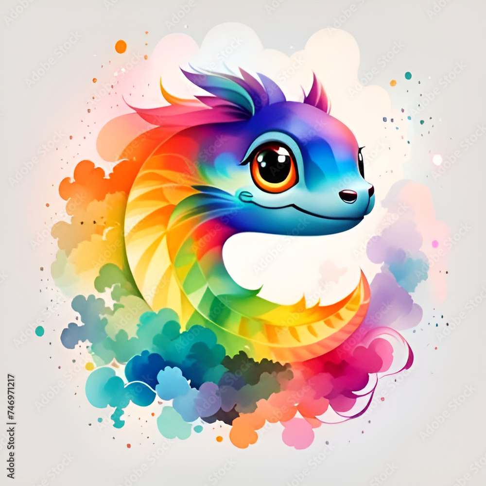 Dragon with watercolor clouds background. Dragon with watercolor clouds background.