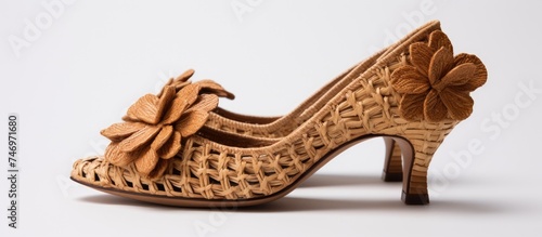 A wooden shoe adorned with a delicate flower on the heel, showcasing sustainable and ethical craftsmanship with eco-friendly raffia mules. The shoes unique design merges nature-inspired elements with photo