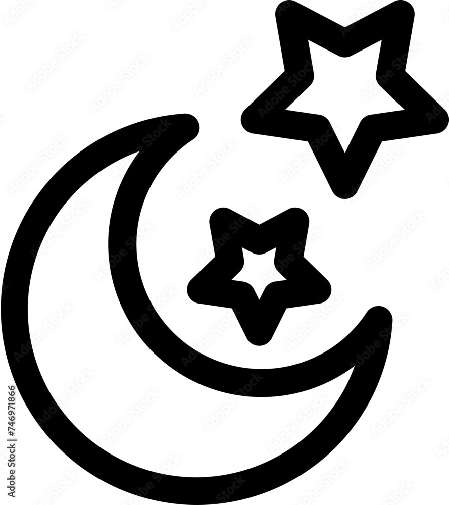 Crescent moon with stars icon in black line art. Crescent moon with stars icon in black line art.