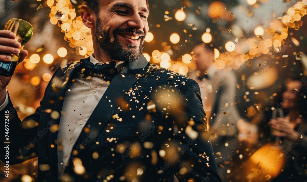 Happy man celebrating New Year's Eve, confetti, time passing, clock in the background, 2024, 2025, man in a tuxedo, new year celebration, wedding, birthday, gold confetti, party, Generative AI - obrazy, fototapety, plakaty 