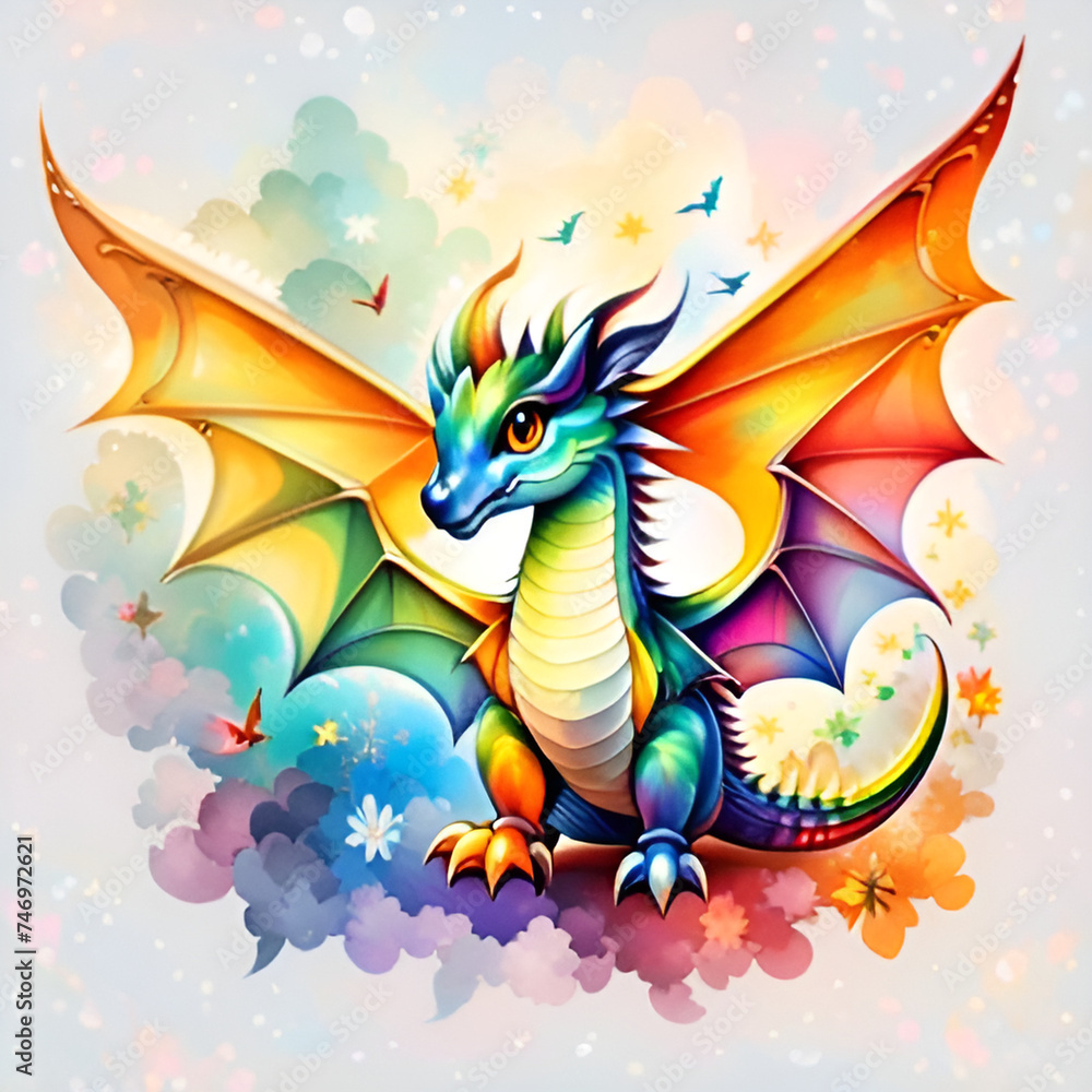 Dragon with watercolor clouds background. Dragon with watercolor clouds background.